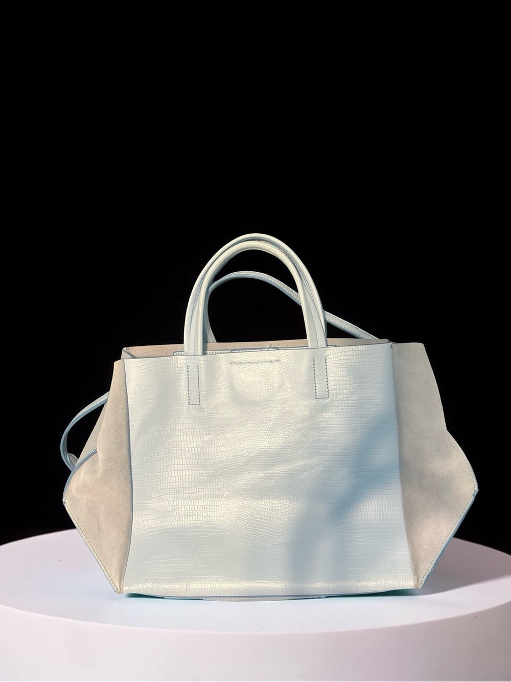 Ice Blue Tote Handbag with Suede Side Panels